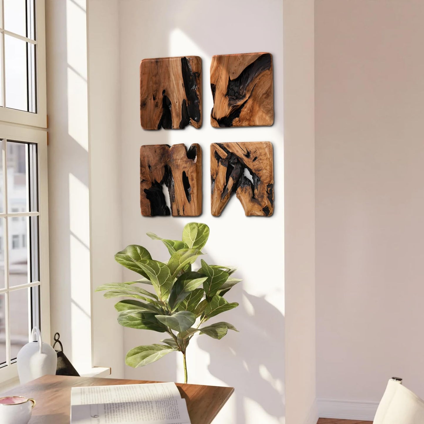 WELLAND 4 Pieces of Handmade Wall Sculptures, Rustic Abstract Wall Decor for Living Room, Bedroom, Bathroom, Dining Room, Home Office