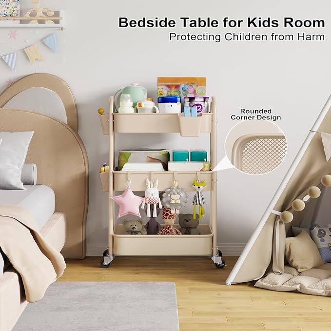 Beige 3 Tier Rolling Cart Metal on Wheels, Three Tiered Storage Organizer Utility Trolley with Wheels for Art, Craft, Baby Diaper Caddy, Snack, Book, Nail, Lash, Cleaning Supplies, Kitchen, Bathroom