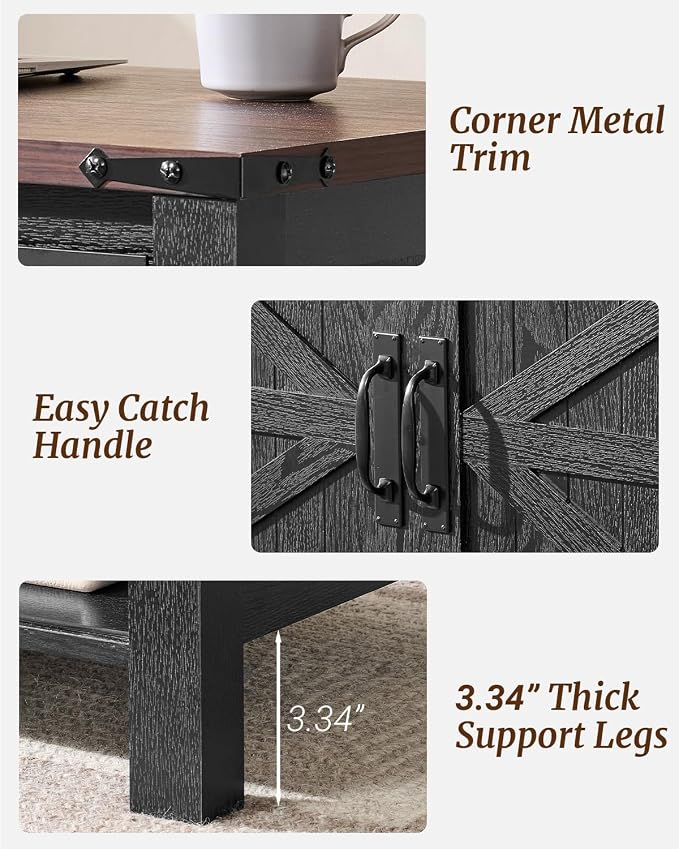 OKD 48" Farmhouse Lift Top Coffee Table with Sliding Barn Door, Rustic Center Table w/Hidden Storage Compartment, Lift Tabletop Dining Table w/Adjustable Shelf for Living Room,Black & Walnut Oak