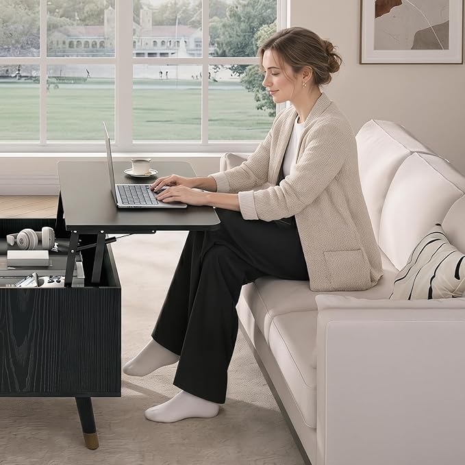 JOINICE 32" Square Lift Top Coffee Table with Storage, Modern Black Center Table for Living Room, Minimalist Wood Cocktail Table with Rising Desktop, Home Office
