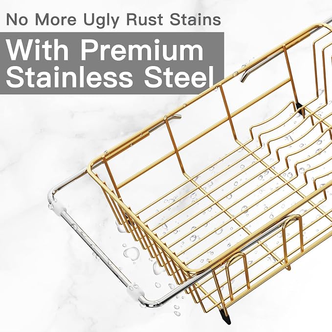 MAJALiS Gold Dish Drying Rack Over The Sink with Utensil Holder, Mat | Expandable Stainless Steel Dish Drainer for Small Kitchen, Apartment, RV, Counter Space Saving, Perfect Fit, Rustproof