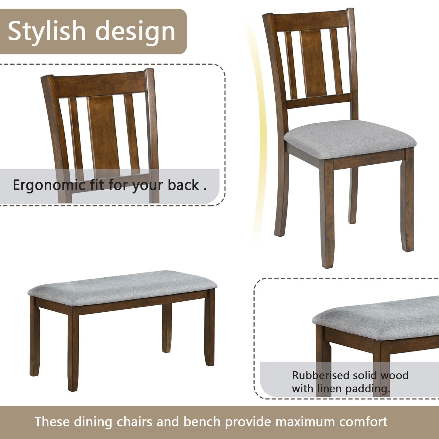 KEIKI 6-Piece Standard Height Dining Table Set with Rectangular Table, 4 Upholstered Slatted Backrset Chair, Bench, for 6 Person, Modern Table Set, Easy Assembly, for Kitchen, Dining Room, Walnut