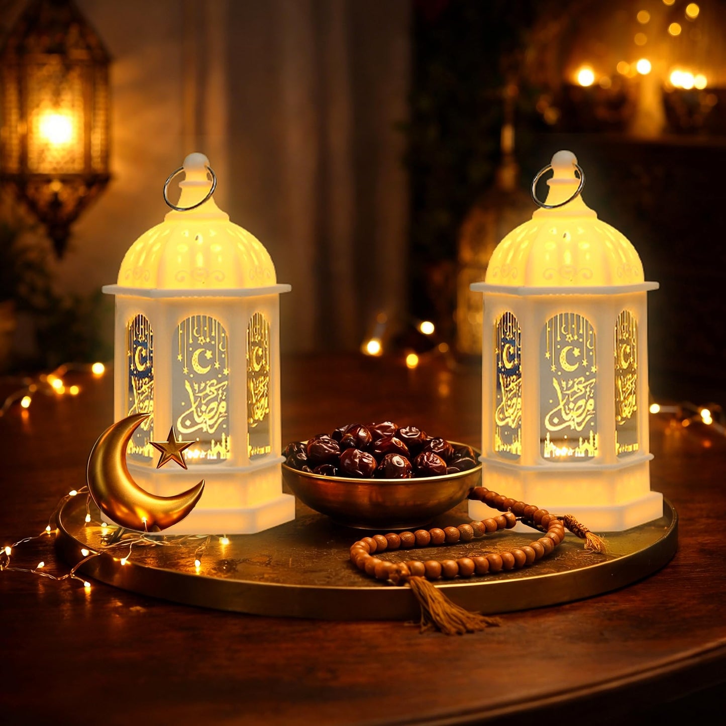 LED Ramadan Lanterns Decorations, Eid Decorations for Home and Table, Small Ramadan Lights with Hanging Rings, Moon & Star Eid Decor, Islamic Home Decor & Muslim Eid Gift (2 Pack)