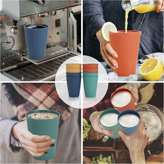 PYRMONT Wheat Straw Cups 12 Oz Alternative Plastic Cups Set of 8 Unbreakable Water Cups for Kitchen Dishwasher & Microwave Safe Drinking Cups for Iced Tea,Juice-Colorful