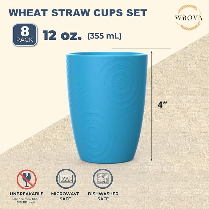 Wrova Wheat Straw Cups 8 PCS Good Alternative to Plastic Reusable Cups 12 oz Unbreakable Drinking Cup Reusable Dishwasher Safe Water Plastic Glasses - Ocean Series