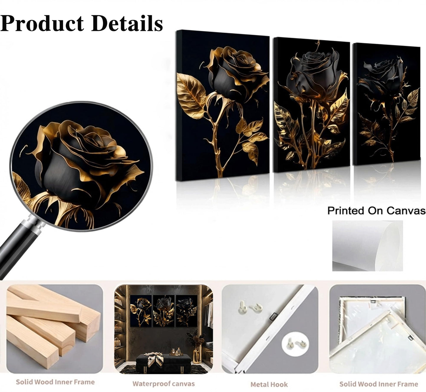 3Pcs Black And Gold Rose Canvas Wall Art Modern Luxury Flowers Pictures Wall Decor Abstract Elegant Rose Dark Posters Prints for Living Room Bedroom Office Bathroom Ready To Hang