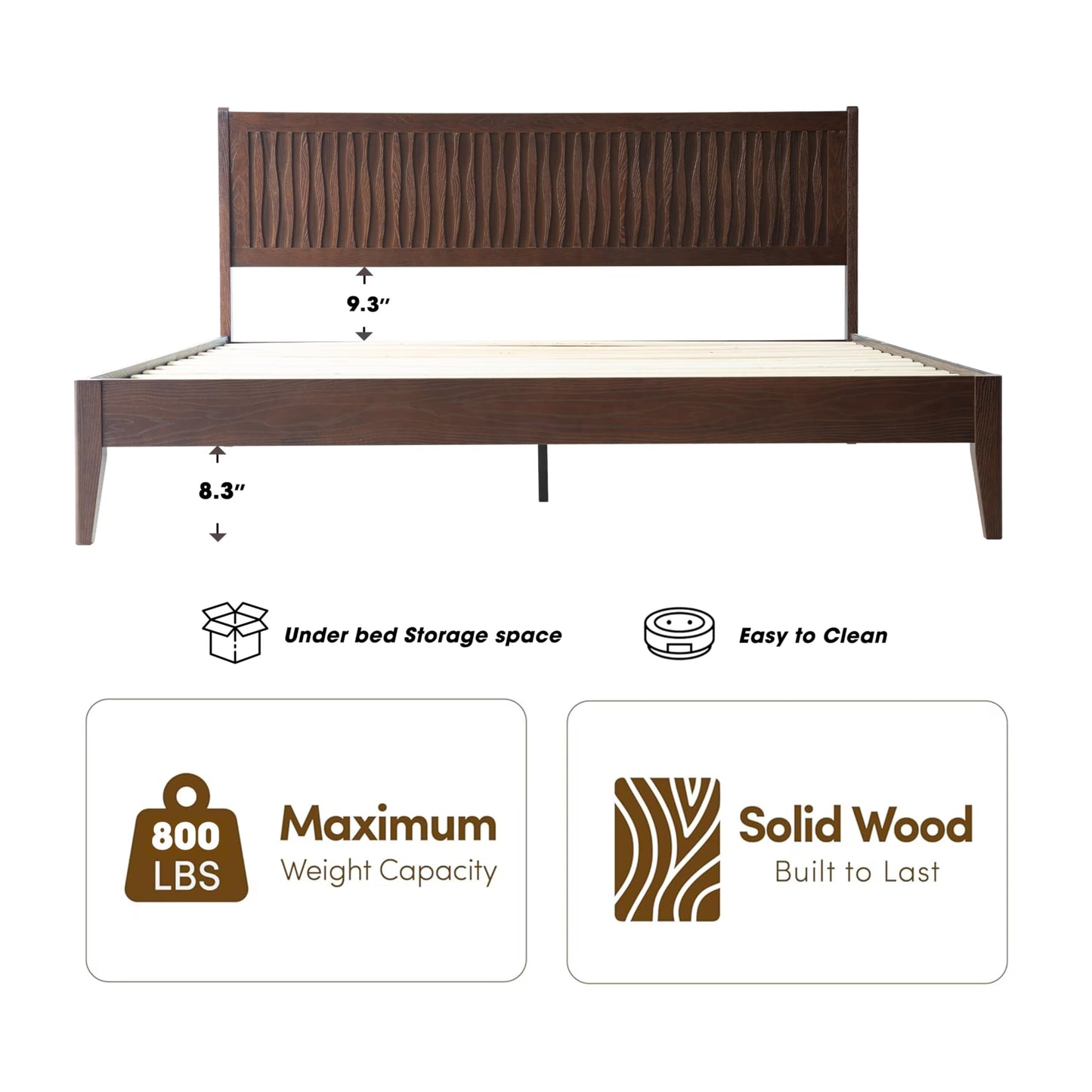 King Size Solid Wood Platform Bed Frame with Headboard & Footboard, 12 Sturdy Slats, Centre Metal Legs, Under-Bed Storage, Anti-Noise & Slip-Free, Easy Assembly, Dark Roast Oak Finish OLK-32