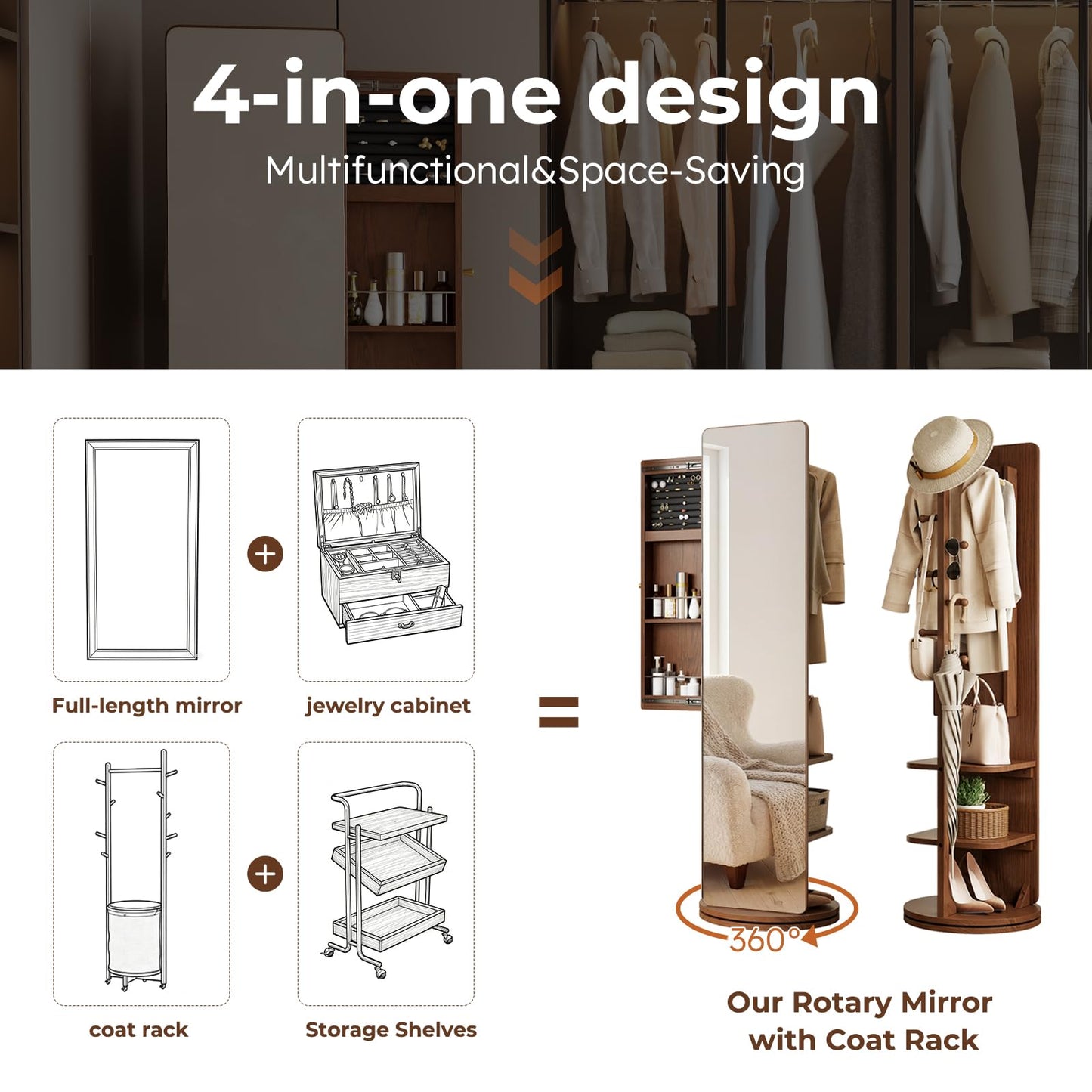 Mansfieler 69" H×20" W Solid Wood Mirror Jewelry Cabinet,360°Swivel Jewelry Organizer,Jewelry Armoire Cabinet Standing,Full Length Mirror with Storage&Coat Rack,Walnut
