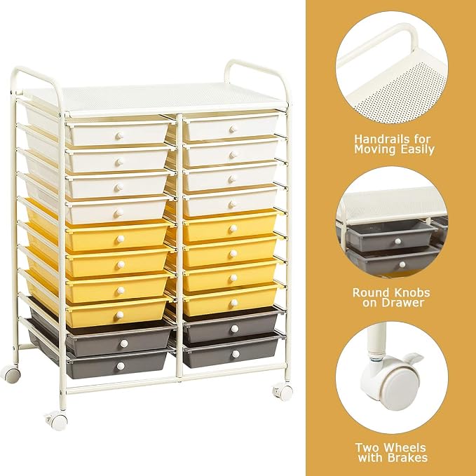 Giantex 20 Drawer Rolling Storage Cart Tools Scrapbook Paper Office School Organizer (25 x 15 x 35 Inch, Yellow)