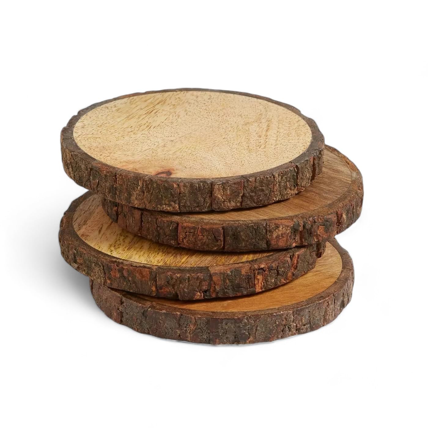 Wooden Coasters Set of 4 with Natural Bark Edge – Rustic Wood Drink Coasters for Coffee, Tea, Wine Glasses – Heat Resistant Table Protection – Farmhouse Home Kitchen Décor Gift