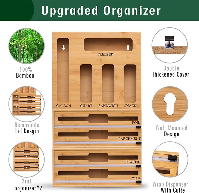 9 In 1 Storage Bag Organizer And Plastic Wrap Dispenser With Cutter, Bamboo Foil and Plastic Wrap Organizer