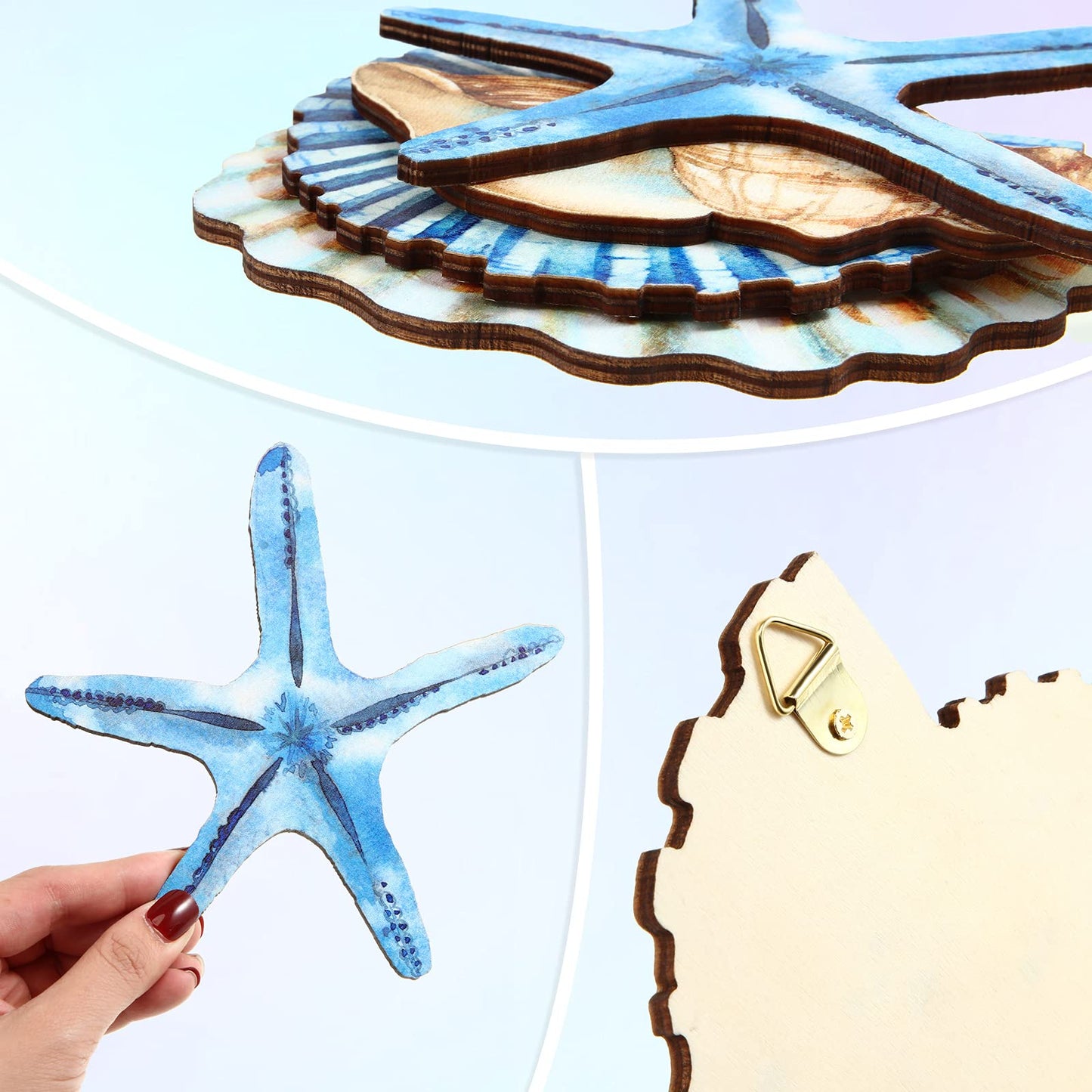 Yookeer 4 Pcs Beach Wall Decor, Wooden Seashell Starfish Wall Decoration, Ocean Coastal Nautical Decorative Art, Rustic Seaside Theme Art for Bathroom Living Room Bedroom Summer Home Decor Gift(Small)
