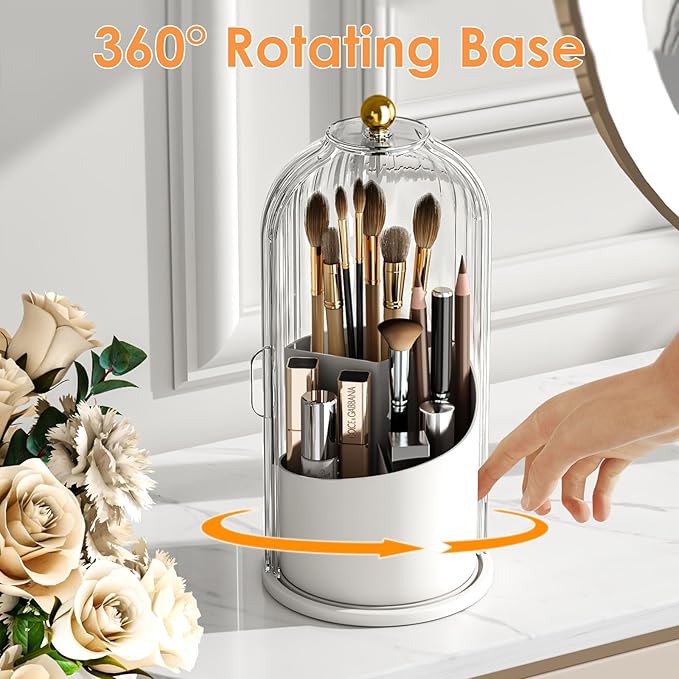 YOOLENS Makeup Brush Holder with Lid 360 Rotating Clear Dustproof Make Up Organizers for Vanity Bathroom Countertop, Transparent | with Lid
