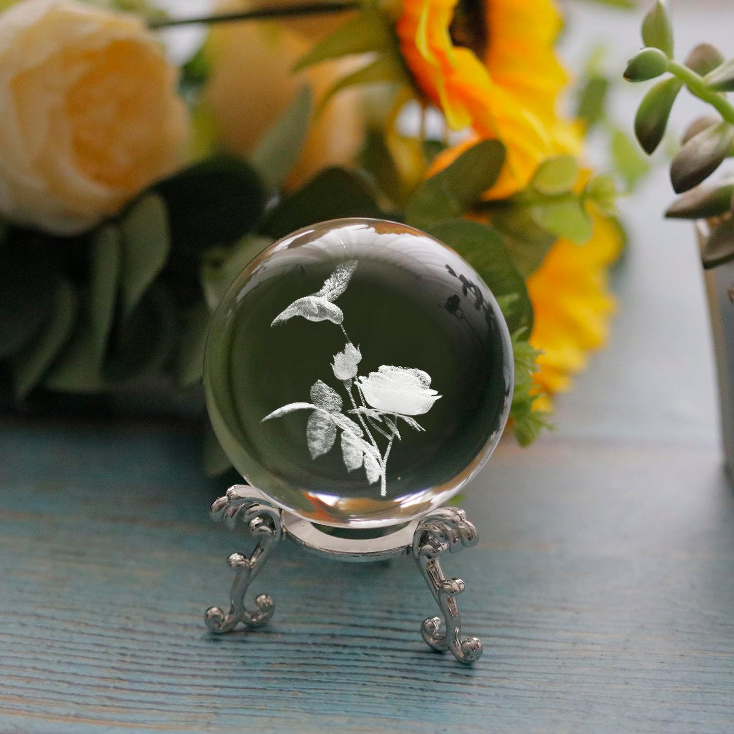vskikris 60mm 3D Hummingbird Crystal Ball Paperweight Laser Engraved Humming Bird Figurine Glass Sphere Crystal Globe with Stand