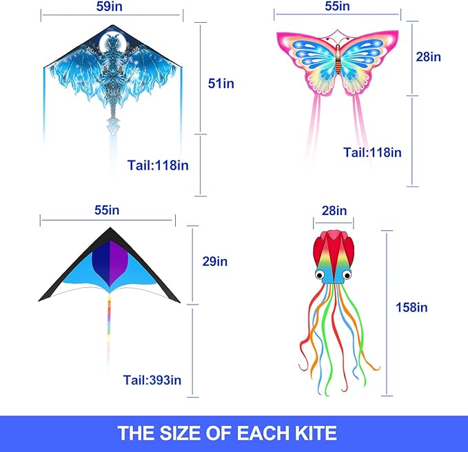 Mint's Colorful Life Kite Set for Kids and Adults, Easy to Fly Butterfly Delta Airplane Dragon Octopus Kite, Large Beach Kites Kits with 300ft String, Best for Gifts & Family Outings