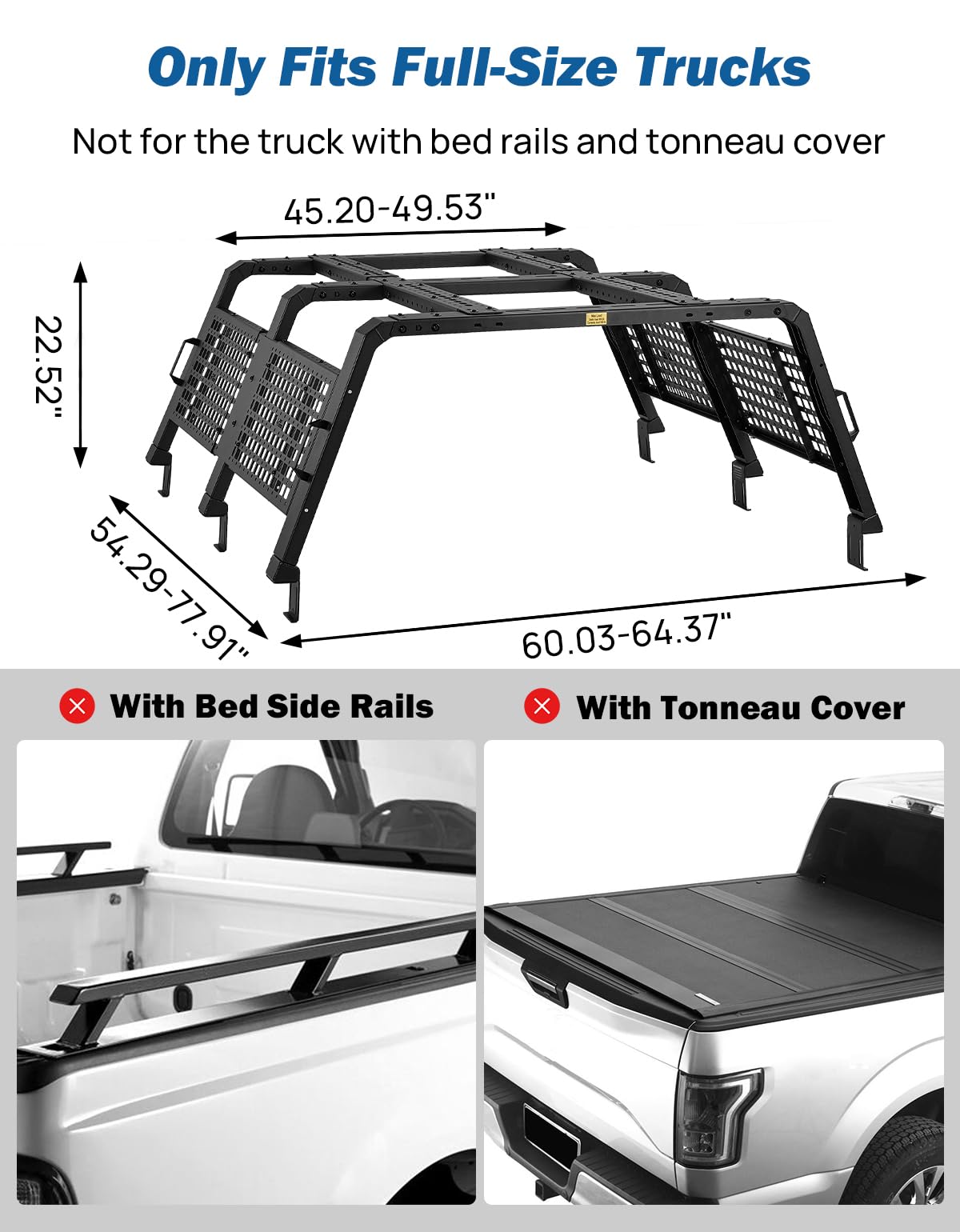 JOYTUTUS Full Size Truck Bed Rack Adjustable Overland Rack Compatible with F150 F250 F350 Silverado Sierra Ram Tundra Truck Rack for Kayak, Roof Top Tent