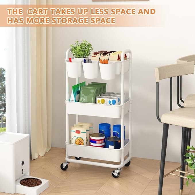 JIUYOTREE 3-Tier Plastic Rolling Storage Cart Utility Cart with Extra Hanging Cups Handles Lockable Wheels for Living Room Bathroom Kitchen Office White