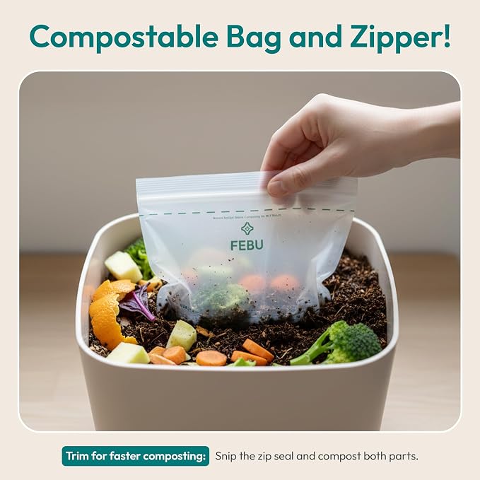 FEBU Gallon Compostable Food Storage Bags, 60 Count | Certified Home Compostable & Biodegradable | PFAS & BPA Free Zipper Bags | Leak-Proof & Resealable | 10.56” x 10.75”