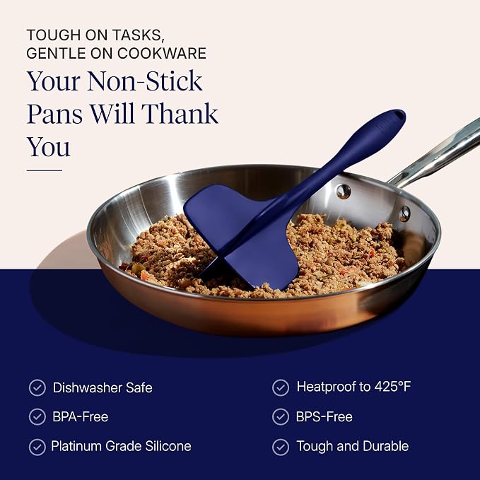 GIR: Get It Right Silicone Potato Masher & Quad Meat Chopper - 12 In Navy - Heat Resistant up to 425°F Fiberglass Core - 7-Blade Ground Meat Chopper & Food Masher - Dishwasher Safe Kitchen Gadget