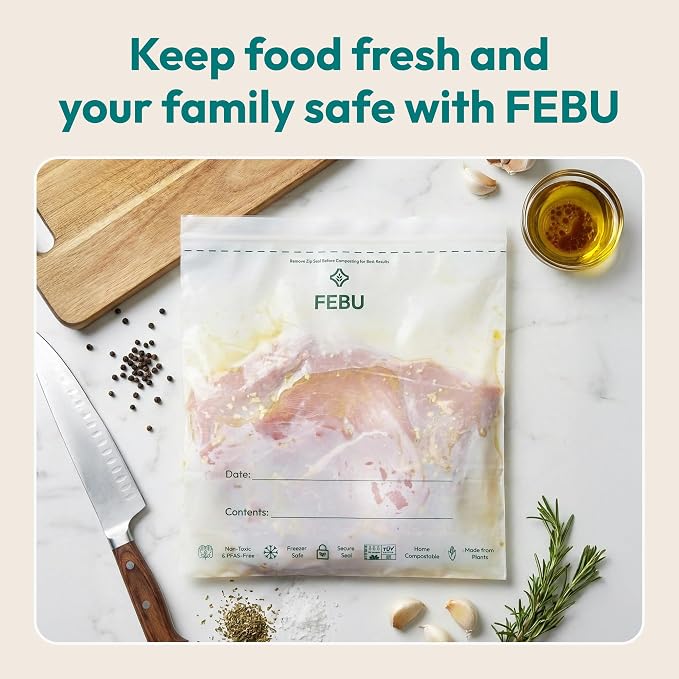FEBU Gallon Compostable Food Storage Bags, 60 Count | Certified Home Compostable & Biodegradable | PFAS & BPA Free Zipper Bags | Leak-Proof & Resealable | 10.56” x 10.75”