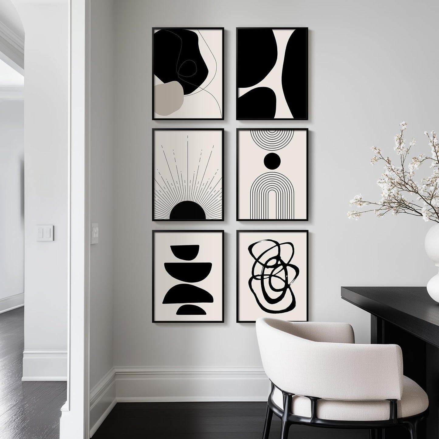 Framed Boho Black and White Abstract Wall Art, Set of 6 Modern Canvas Prints Paintings Artwork for Walls, Minimalist Geometric Pictures for Living Room Bedroom Office Bathroom Wall Decor 11x14 Inch