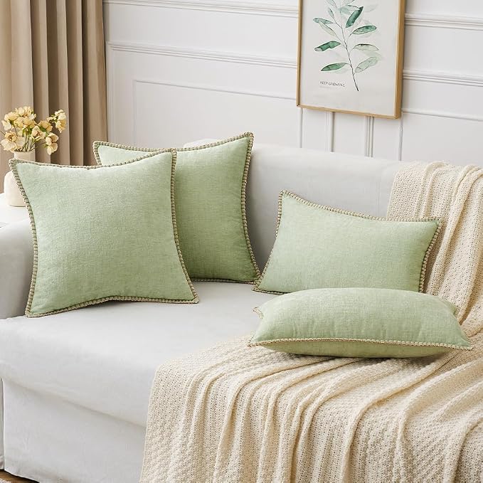 MIULEE Pack of 2 Summer Throw Pillow Covers 16x16 Inch Light Green Farmhouse Decorative Pillow Covers with Stitched Edge Soft Chenille Solid Dyed Pillow Covers for Couch Sofa Bed Living Room