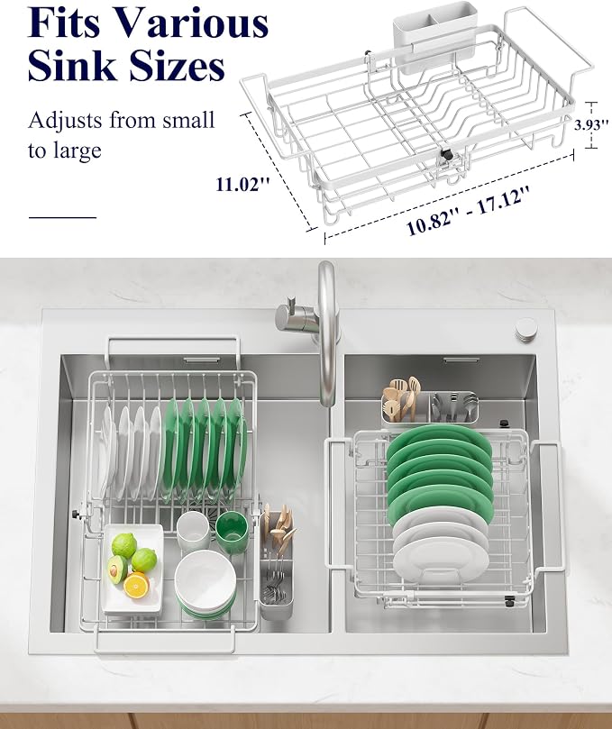 Kitsure Dish Drying Rack – Expandable in-Sink or Over-Sink Dish Rack for Kitchen Counter, Rust-Resistant Metal Dish Strainer with Cutlery Holder, 10.82"-17.12" L x 11.02" W x 3.93" H, Grey