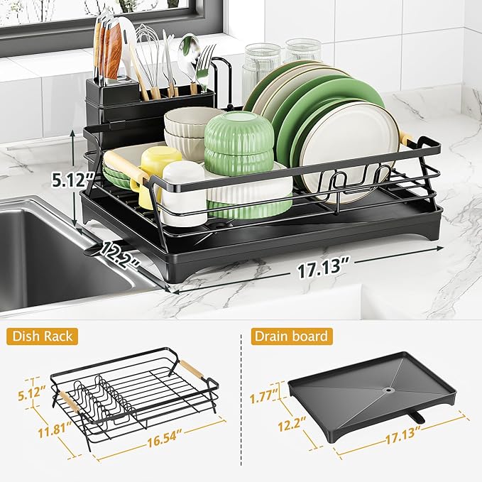 Epicano Dish Drying Rack for Kitchen Counter,Black,Large Capacity | Raised Feet,Rustproof,Wooden Handle,Auto-Drainage System,Cup Holder & Knife Slots, Sink Storage Organizer