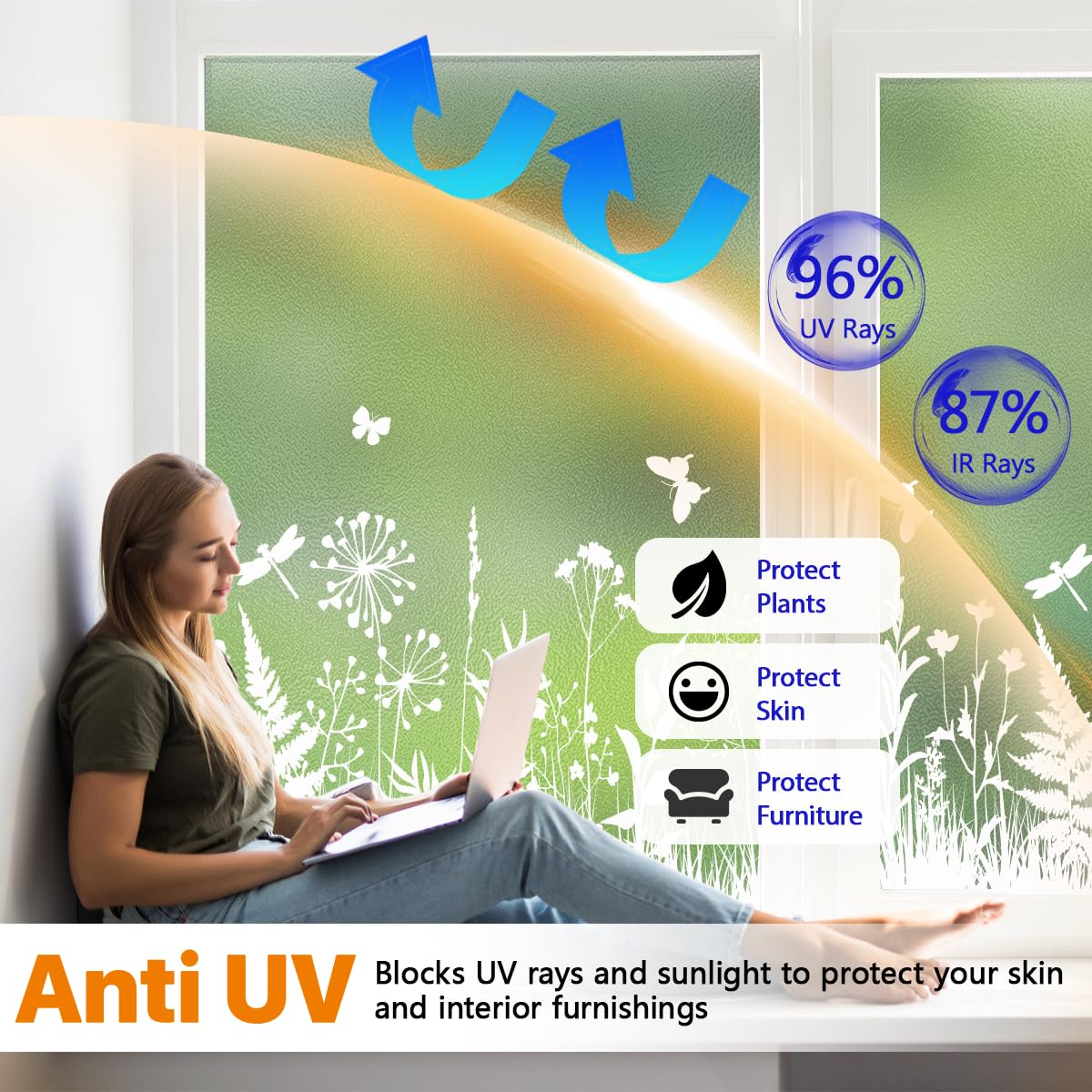Niviy White Flowes Butterfly Window Clings Spring Summer Window Decals Frosted Glass Window Film Decorative Patterns, Non-Adhesive Reusable Sunroof Decal for Car and Home (Flower, 17.5 x 78.7 in)