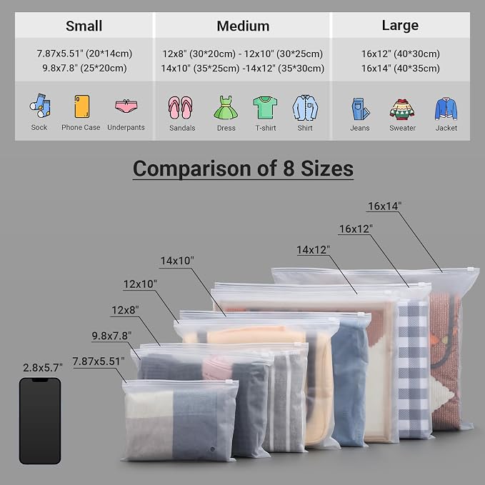 Frosted Zipper Bags for Clothes 25pcs, Plastic Shirt Bags for Packaging T-Shirt, Swimsuit, Bikini, Bathing Suit, 3 Mil, 9.8x7.8" with Vent Holes and Reinforced Sides