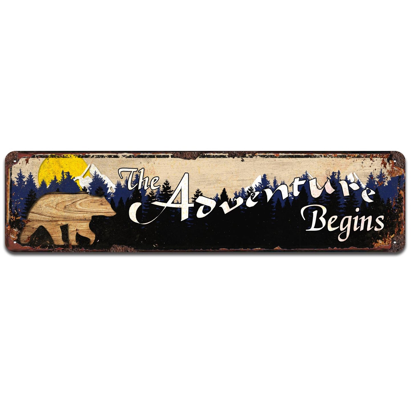The Adventure Begins Sign, Woodland Nursery Decor, Bear Mountain Inspirational Quotes, Metal Sign for Home Cabin Decor, Forest Camping Sign 4x16 Inches