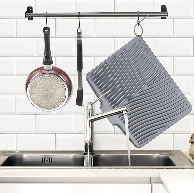 TIKNIK Silicone Dish Drying Mat for Kitchen Counter - Heat Resistant & Non-Slip Dish Drain Pad with Built-In Drain, Dishwasher Safe, Quick-Dry, Hangable & Roll-Up for Storage, Grey-2pcs, 20" x 15"