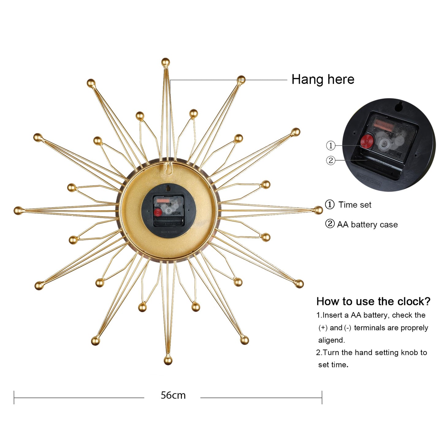 Lafocuse Silent 23 Inch Metal Large Gold Wall Clock for Home Decor, Mid Century Wall Clocks Battery Operated, Art Deco Starburst Wall Clocks for Living Room Kitchen Office