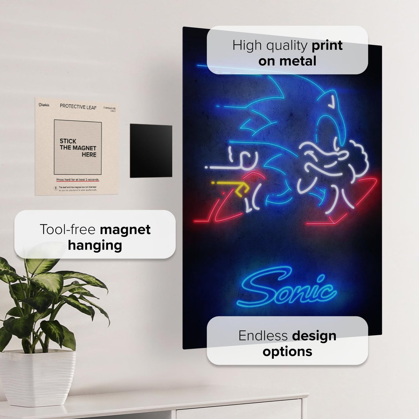 Displate Metal Poster Sonic the Hedgehog - Classic Neon - Neon Speed Silhouette - Collectible Gift - Wall Art Decorations Metal Sign for Room Decor Movie Posters 12.6x17.7 in