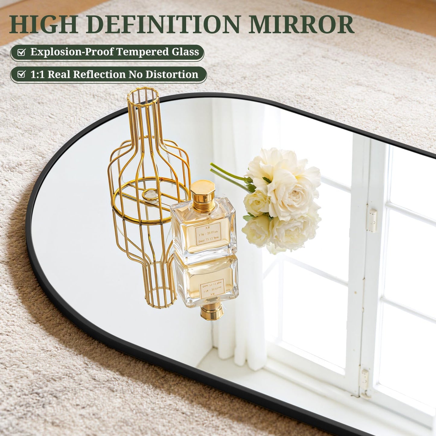 Mirror Full Length 64"x21" Full Body Floor Mirror with Stand, Shatterproof Glass, Aluminum Alloy Frame, Free Standing Wall Mounted or Leaning Arched Mirrors for Bedroom Living Room Entryway