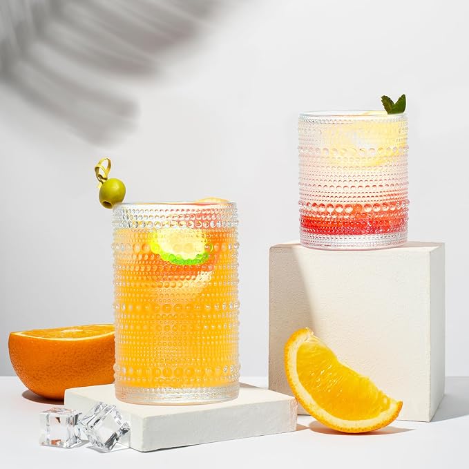 Hobnail Drinking Glasses with Straws, 15 oz & 12 oz Vintage Drinking Glasses Set of 8, Embossed Glasses Drinking Set, Textured Glass Cups for Kitchen, Beer, Juice, Cocktail, Whiskey, Milk
