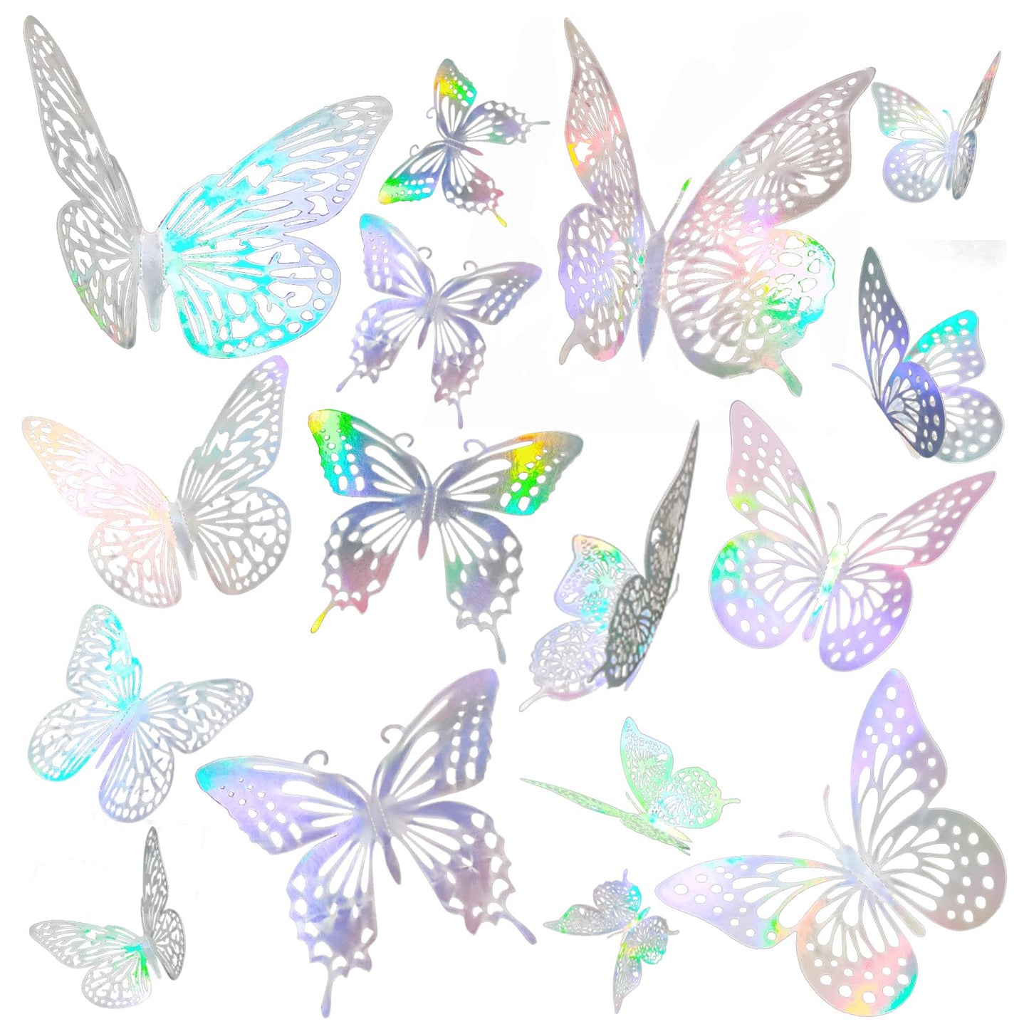 JOSDIOX 3D Laser Sivery Butterfly Wall Stickers - 48 Pcs with 4 Styles & 3 Sizes, Removable Decor for Party Birthday Wedding Cake Balloon Decoration (48 Laser Sivery)