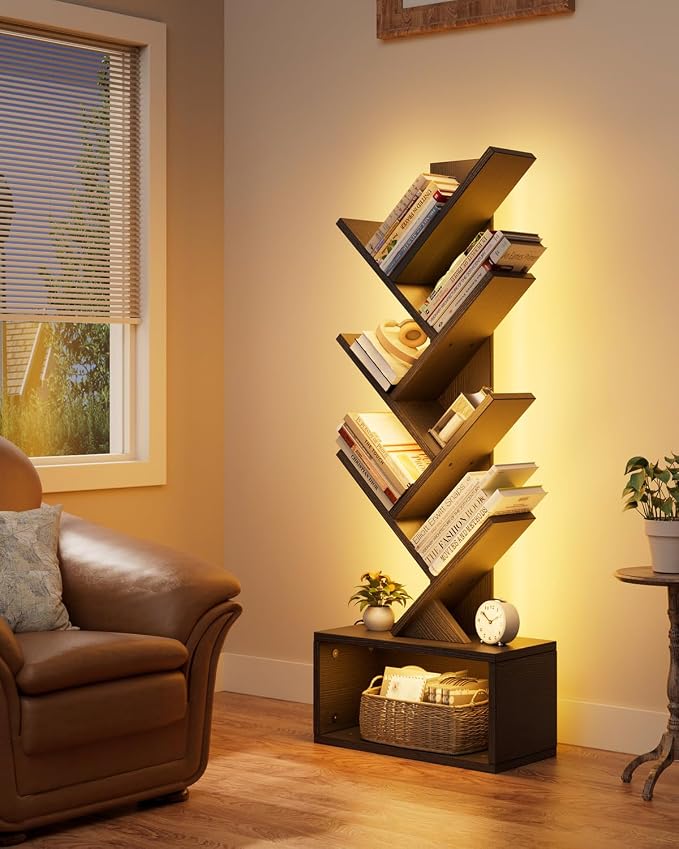 Evermagin 6 Tier Tree Bookshelf with Lights, LED Book Tree Bookcase with Storage Organizer, Small Corner Bookshelf Floor Standing Book Shelf for Living Room, Bedroom & Home Office, Black
