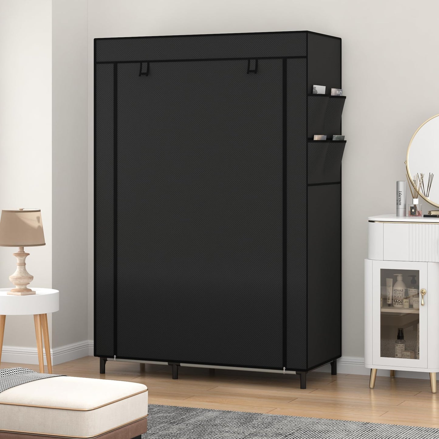 Calmootey Portable Closet Organizers, Clothing Storage, Wardrobe with 6 Shelves and Hanging Rod, Non-Woven Fabric Cover with 4 Side Pockets, Black