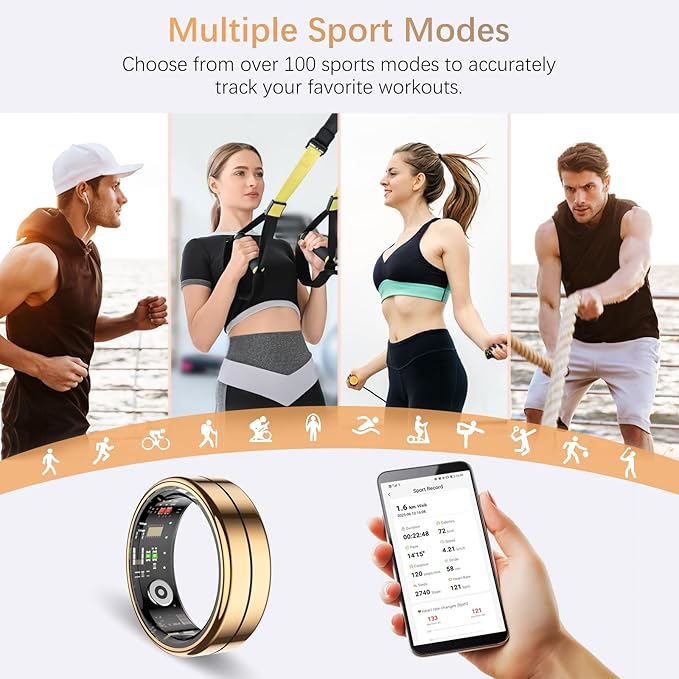 Fit Ring, Smart Health Rings for Women Men with Heart Rate,Blood Oxygen,HRV,Stress Level, Sleep Monitor, Step Tracker, No Subscription Fee, IP68 Waterproof Smart Ring for iphone &Android (Gold, 12#)