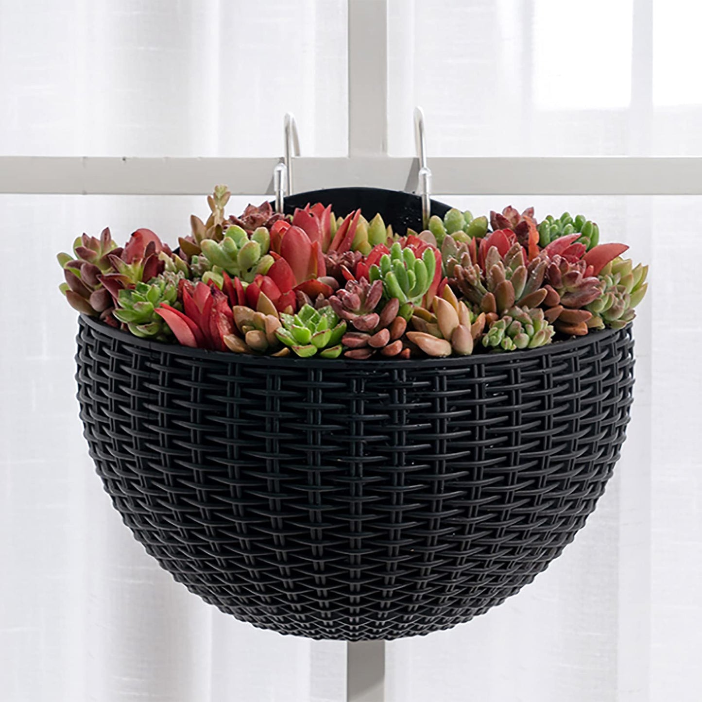 Hanging Planter Pot, Wall and Railing Hanging Planters with S Hooks, Half Round Imitation Rattan European Style Wall Flowerpot Rustic Decorative Flower Basket for Home Balcony(#21 * 16.5cm Brick red)