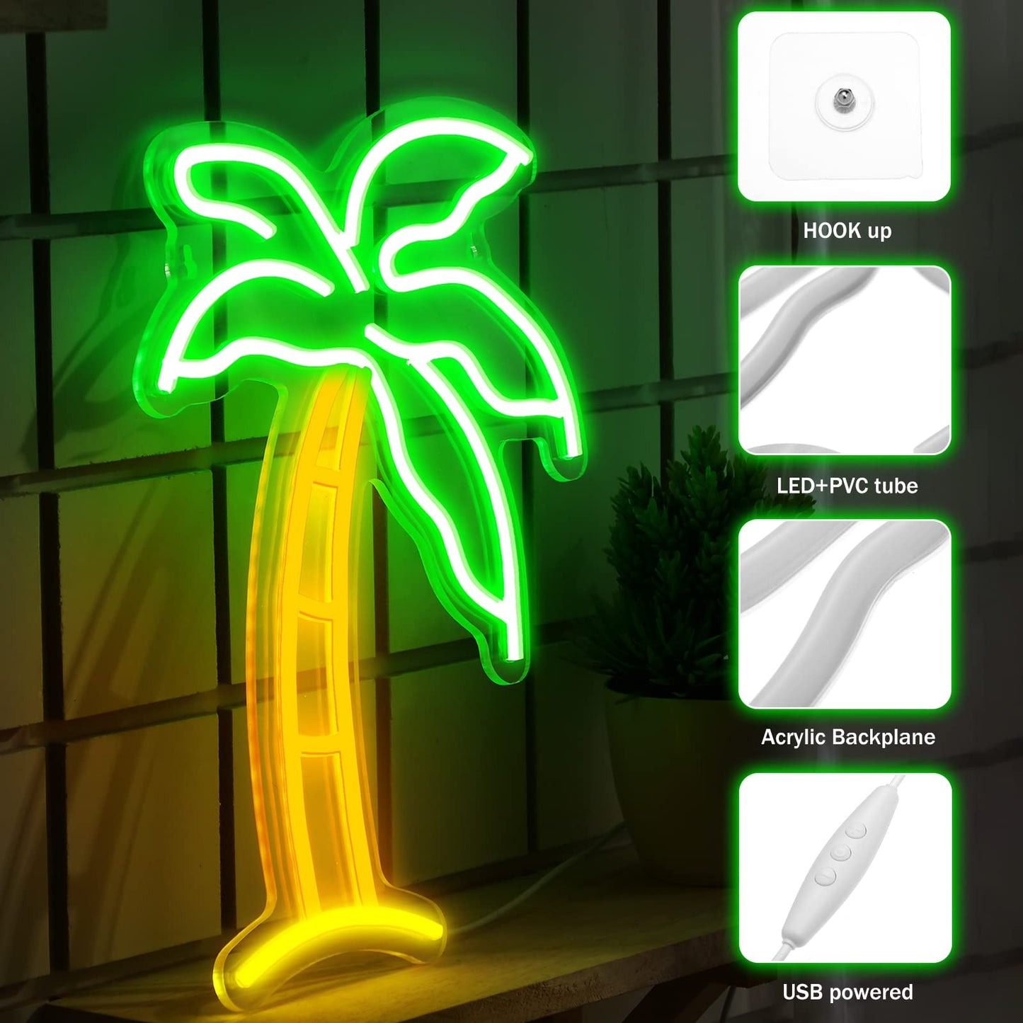 ROCEEI Tropical Palm LED Neon Sign Neon USB Powered Lights Sign Wall Art Gifts for Christmas Room Kids Bedroom Birthday Party Bar Decor