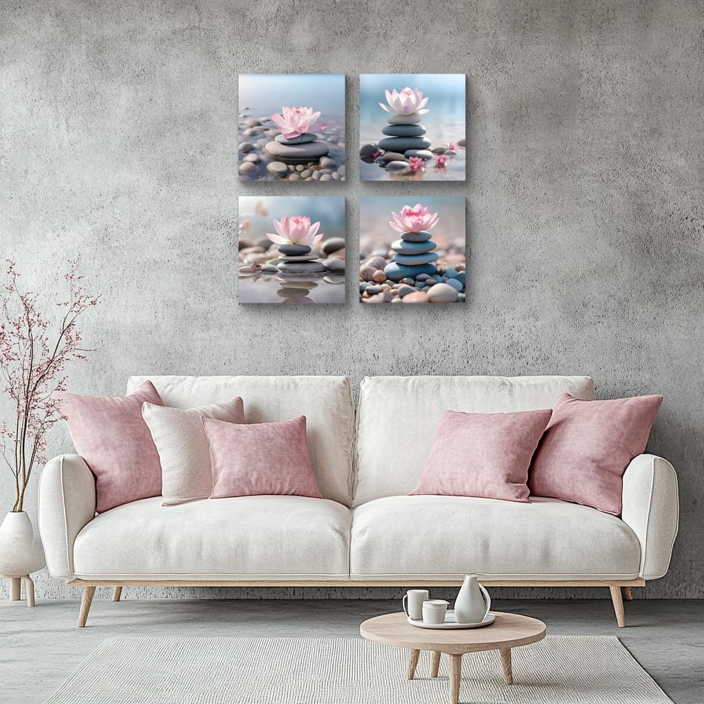 NAN Wind 4PCS Mordern Zen High-Definition Canvas Print Pink Lotus Stacked Zen Stones Spa Wall Art Easy-to-Hang Wall Art for Serene Home Deco Meditation Rooms Yoga Studios and Zen Enthusiasts