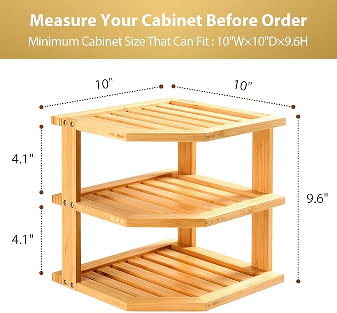 Umilife Plate Organizer for Cabinet, Bamboo Corner Shelf, Dish & Bread Organizer, Spice Rack, Kitchen Bathroom Countertop Storage Organization Space Saver