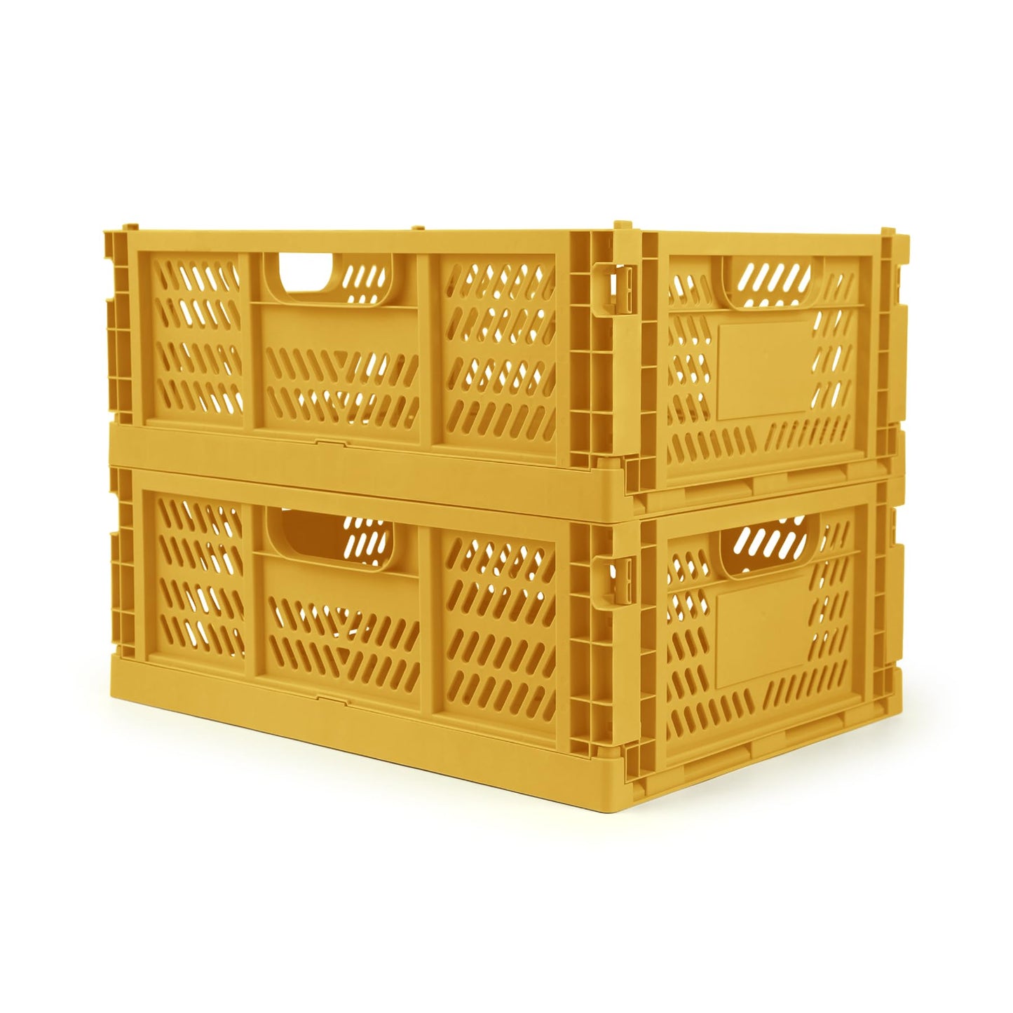 Domiella 2-Pack Crates for Storage, Storage Crates Plastic Stackable, Foldable Crate for Office Home Kitchen Bedroom Bathroom (Large, Golden Yellow)