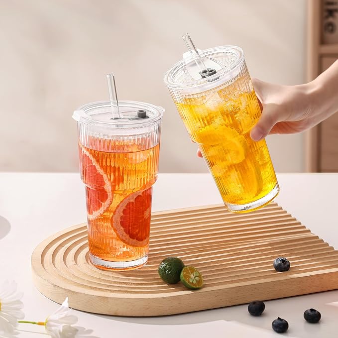 GOSCHE 20oz Ribbed Glass Tumbler with Straw and Lid, Clear Iced Coffee Cups Vintage Glassware, Glass Cups with Lids and Straws for Smoothie Water Tea Juice, Clear, 2 Pack