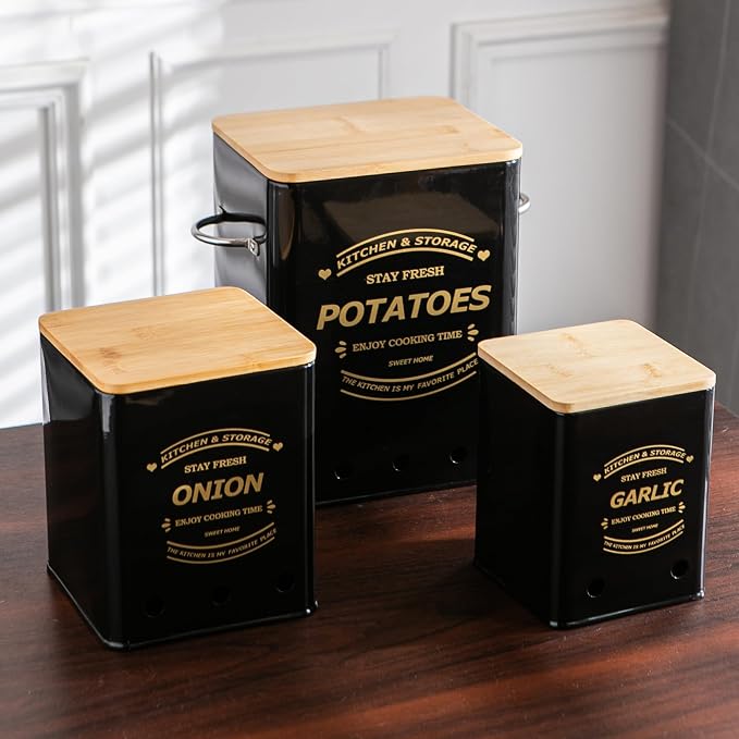 Potato Onion and Garlic Storage Bin Set of 3, Metal Kitchen Vegetable Canisters with Bamboo Lid and Aerating Holes, Stackable Kitchen Storage Tin for Countertop Pantry