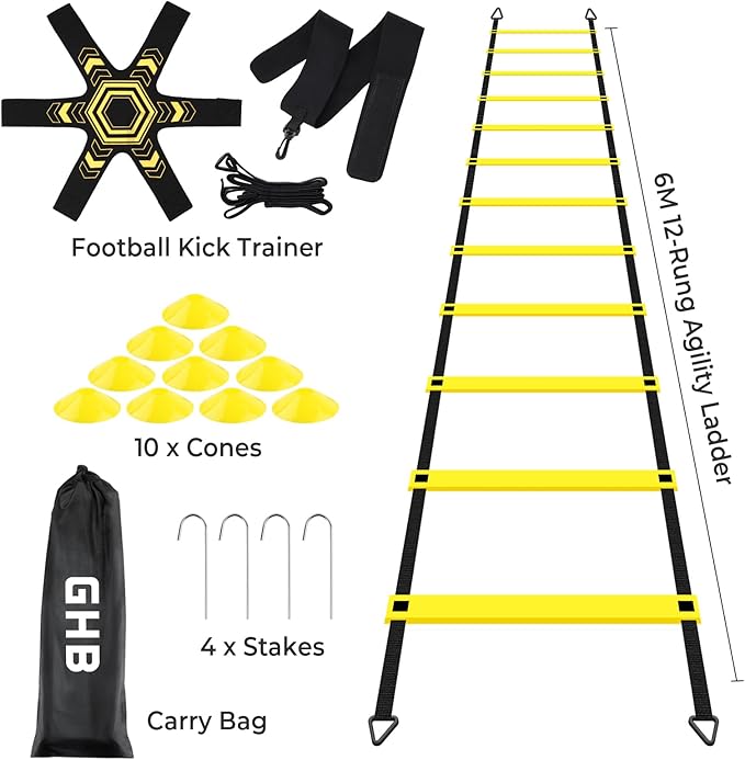 GHB Pro Agility Ladder Soccer Kick Trainer Set 20ft 12 Rung 10 Cones and 4 Stakes Speed Agility Football Training Equipment with Carrying Bag