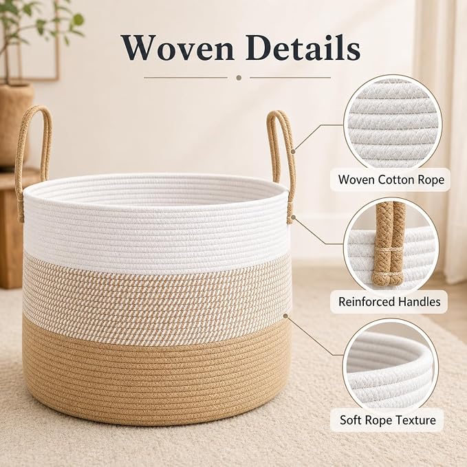 JMvicyroam 65L Extra Large Blanket Basket for Living Room - Woven Cotton Rope Laundry Hamper with Reinforced Handles - Storage Bin for Pillows, Comforters & Toys - Machine Washable,White&Jute Mix