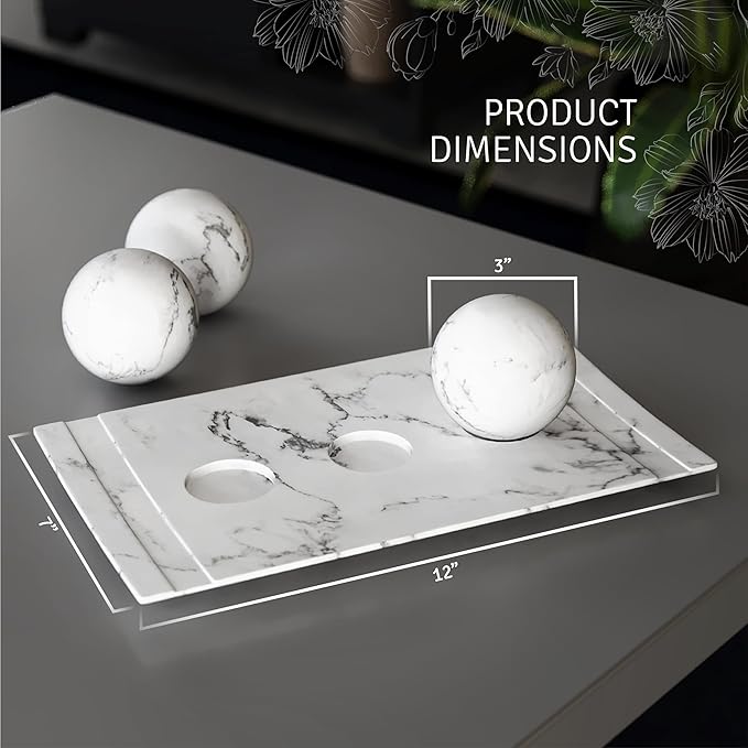 Creative Scents White Marble Look Home Decor Tray and Orb Set Coffee Table Decor for Living Room Centerpiece Table Decorations for Dining Table, Kitchen, Foyer, Entryway Elegant House Decoration